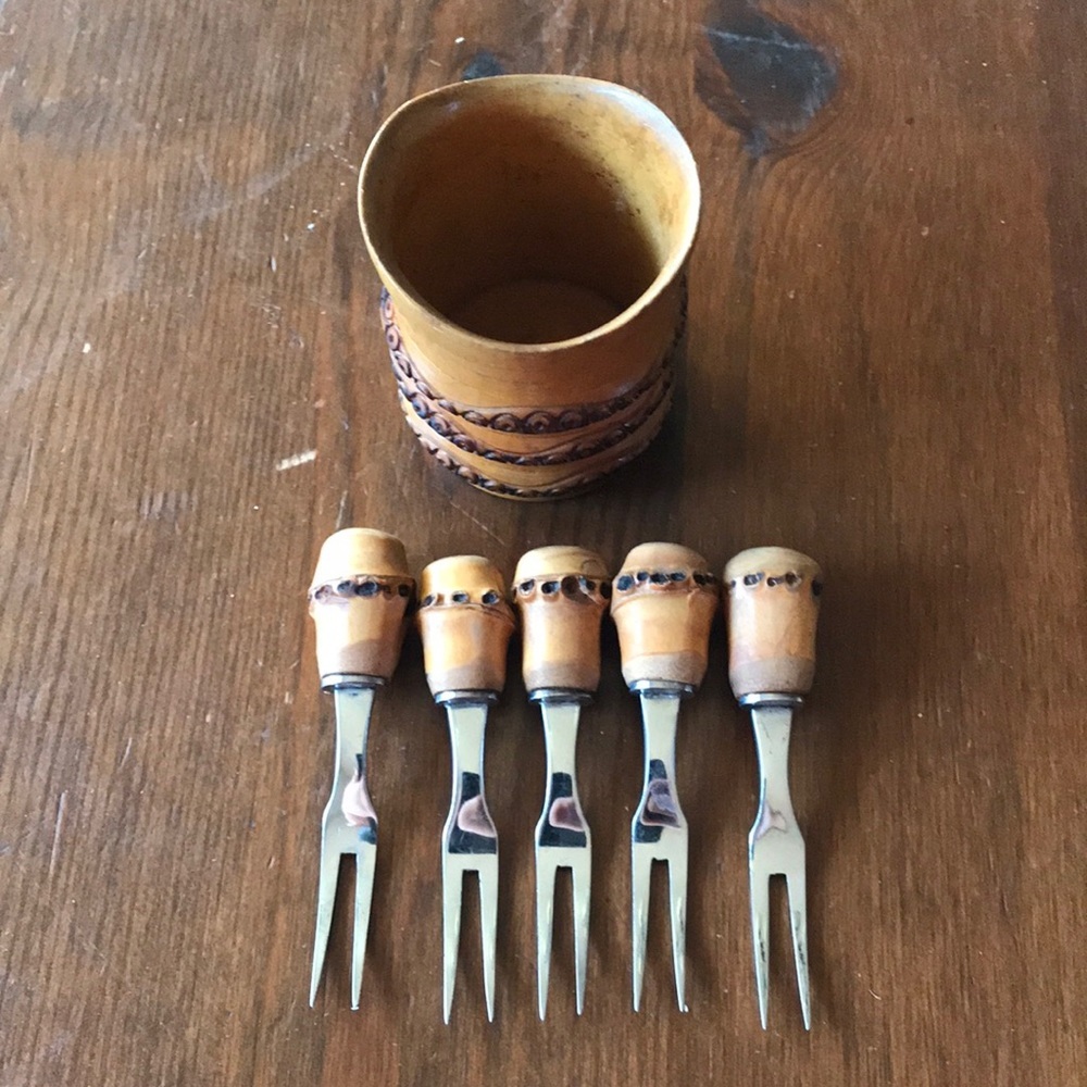 Vintage Fondue Forks in a Small Bamboo Container